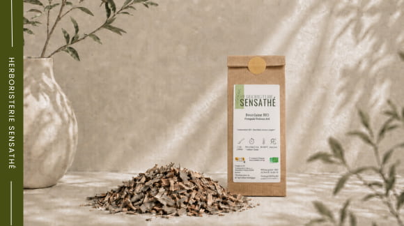 Sachet de bourdaine avec écorces en vrac, plante traditionnellement utilisée pour favoriser le transit intestinal en cas de constipation occasionnelle - Herboristerie Sensathé